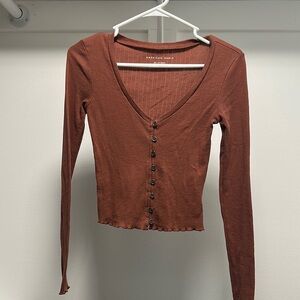 American Eagle Outfitters Brown Fitted Button Down Shirt